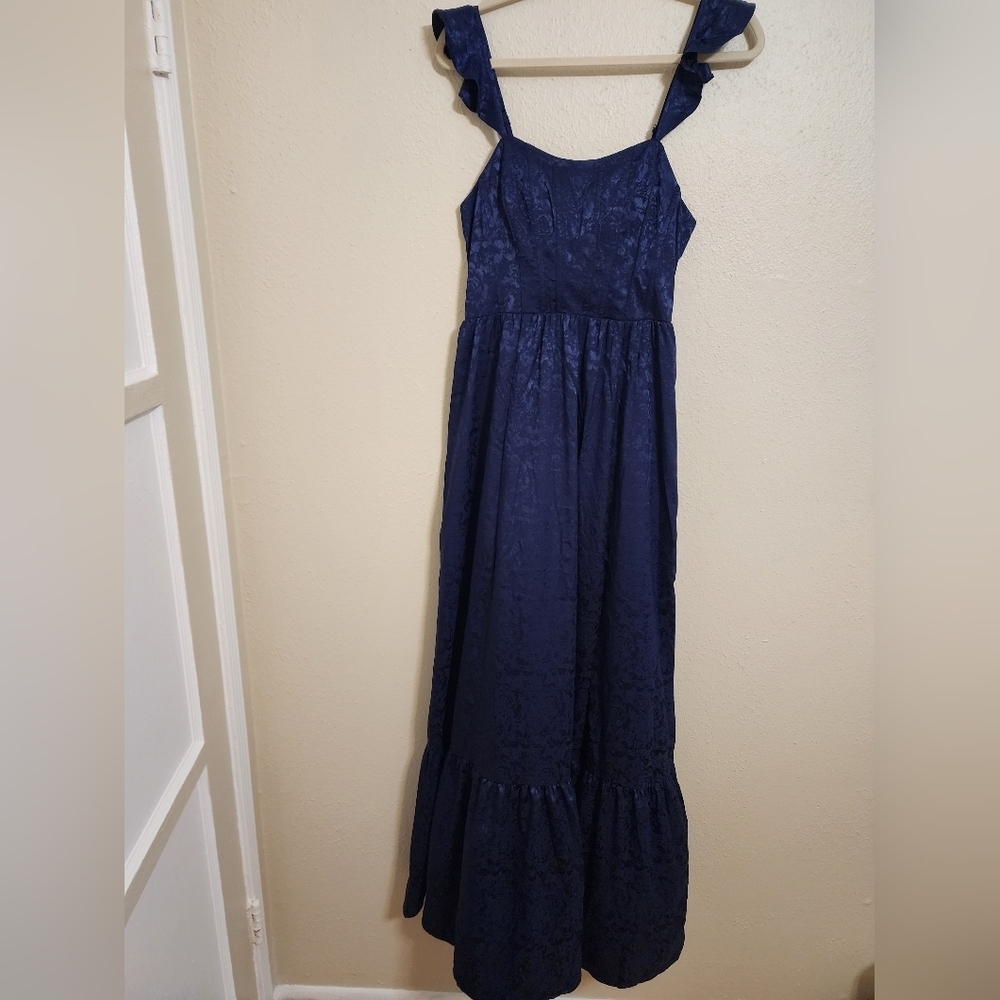 Lulus Arlaith Navy Jacquard Lace-Up Corset Maxi Dress M Wedding Party Prom - Picture 6 of 10